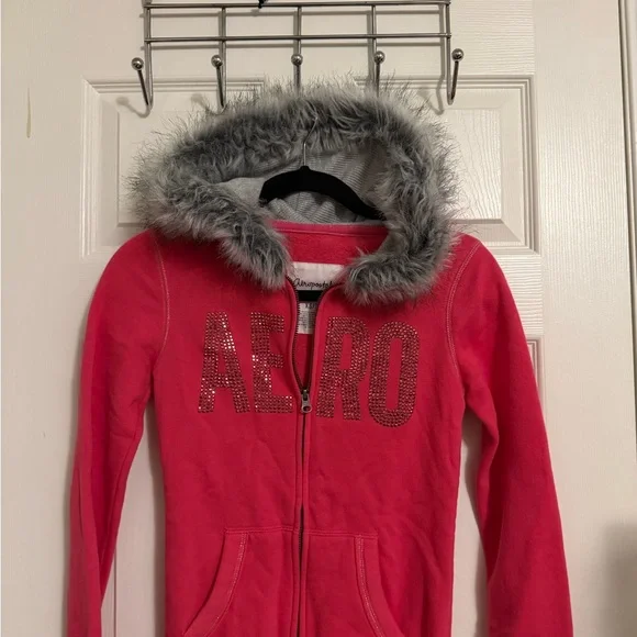 Aeropostale Hot Pink Girls Zip Hoodie with Faux Fur Hood - Picture 2 of 5